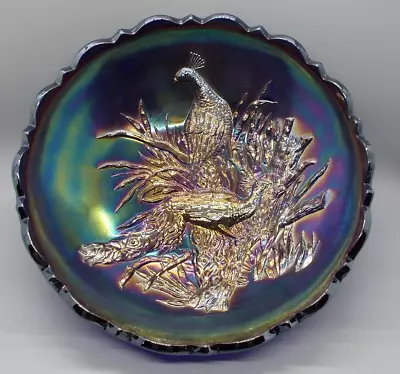 RARE LG WRIGHT Blue Carnival Glass Bowl  - Peacocks & Butterflies • $145