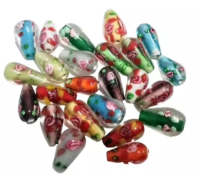 24 Beautiful Teardrop Handmade Lamp-work Glass Beads - Random Mix - Unique Lot • £1