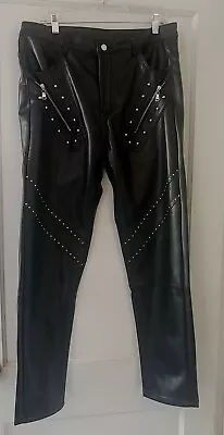 Idopy Mens Blk Faux Leather Silver Zipper Grommets Motorcycle Pants Sz 36 NWT • $80