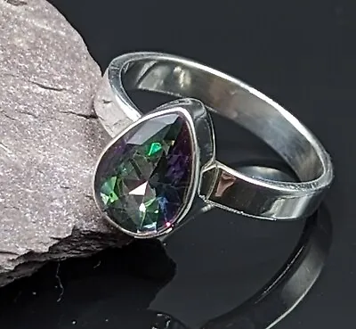 NEW 925 Genuine Sterling Silver Pear Cut Mystic Topaz Natural Gemstone Ring • £13.95