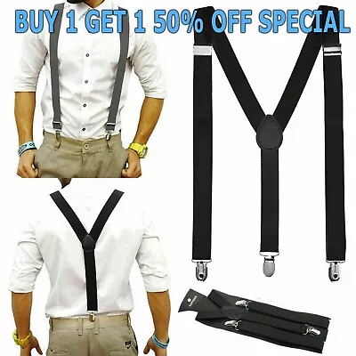 Men's Adjustable Suspenders Elastic Y-Shaped Braces Clips Pants Brace Solid TBN  • $5.79