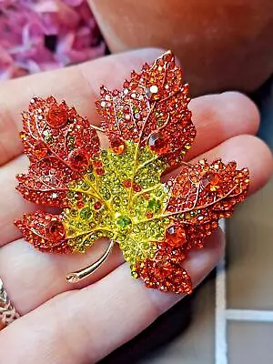 Autumn Brooch Maple Leaf Pin Crystal Rhinestone Orange Yellow Large Fall Leaf Br • $17.99