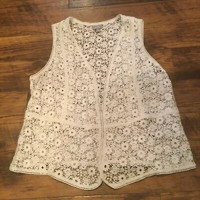 J Jill Crocheted Lace Vest L Petite Flower BoHo Hippie Off White Open Front • $19.43