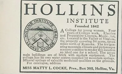 1910 Hollins Institute College For Young Women VA Matty Cocke Vtg Print Ad CO2 • $7.99