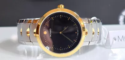 NEW! Movado Mens Stellar Watch 14k Gold 316LStainless Black Museum Dial Gold Dot • $568.88