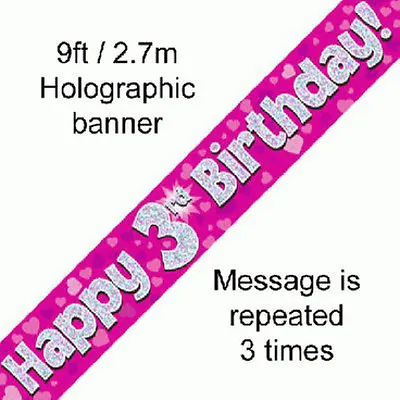 Girls Happy 3rd Birthday Party Foil Banner 3 Today Decoration Pink Banners • £2.99