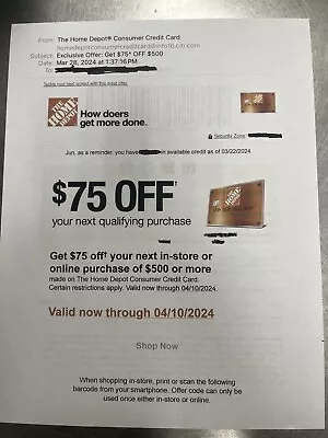 Home Depot Coupon $75 Off Purchese $500 Exp:4/10/24 • $23