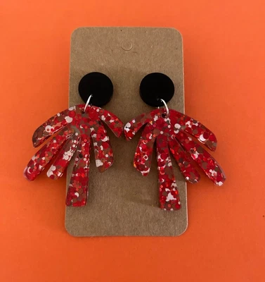 Unbranded Red/White Flower Dangle Earrings - Laser-Cut Acrylic Stainless Steel • $22