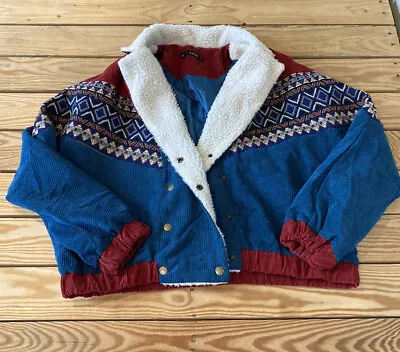 Zaful Women’s Corduroy Sherpa Lined Snap Up Jacket Size L Blue K1 • £17.25