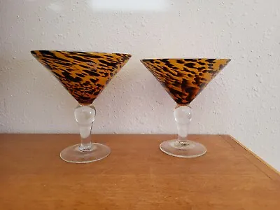 Pair Of Vintage AMICI Handblown Leopard Cheetah Martini Cocktail Glasses Italy • $34.99