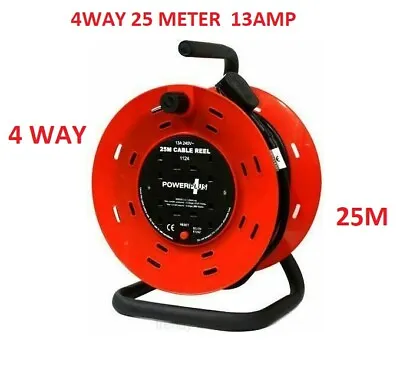 25m 4 Socket Extension Lead Cable Power Red Reel 25 Metre 4way 13amp Heavy Duty • £33.95