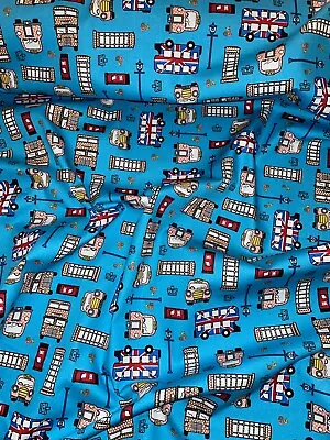 1 Mtr Turquoise London Bus Print 100% Cotton Fabric.45”widecraftsdress • £8.75
