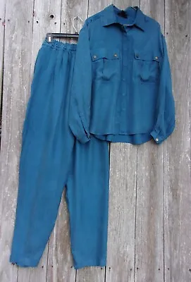 Womens Silk Pajamas Lounging Set By C A Lana In Blue 2 Pc Sz M Vintage PJs • $39.99