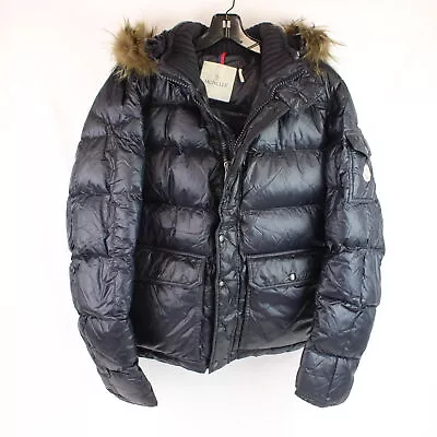 Moncler Polyester Puffer Jacket With Faux Fur Trim In Navy Blue - Women's Size 3 • $194.95