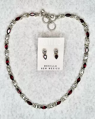 Beautiful Sterling Silver Acleoni Garnet White Topaz Choker Necklace Earring Set • $299.95