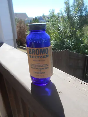 Vintage BROMO SELTZER Cobalt Blue Bottle With Paper Label • $22.99