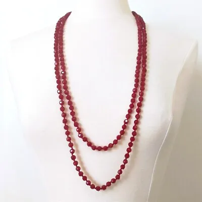 Sparkling Faceted Red Crystals Bead Knotted 72  Long Strand Necklace Classic • $16.99
