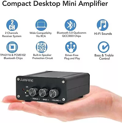 Bluetooth 5.0 Hi-Fi Stereo Audio Receiver Power Amplifier 2 Channel Home Amp • $47.49