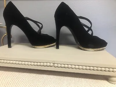 Adrianna Papell Black Velvet Shoes With Rhinestones 5 Inch Heels Worn 2X  • $35