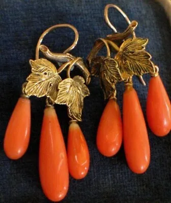 Vintage Teardrop Orange Coral Dangle Earring 14k Yellow Gold Over Coral Earring • $329.99