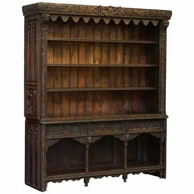 Important Gothic Revival Using 17th Century Panels Bookcase Dresser Cherubs • $10106