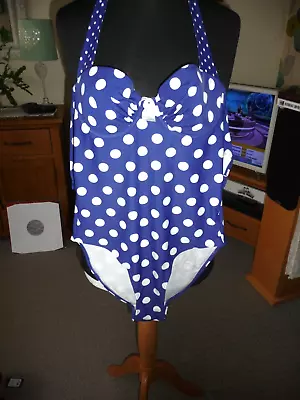 Size 34 C LA SENZA NAVY WHITE POLKA DOT HALTER NECK SWIMSUIT BNWT • £12.50