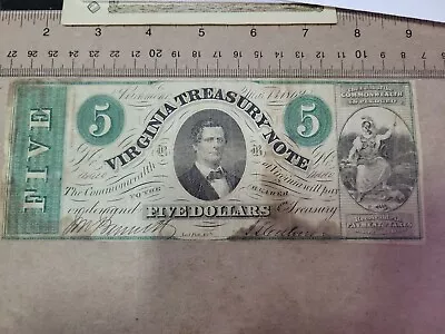 🇺🇸 Confederate States CSA Virginia Treasury 5 Dollars 1862 Banknote 042823-4 • $59.99