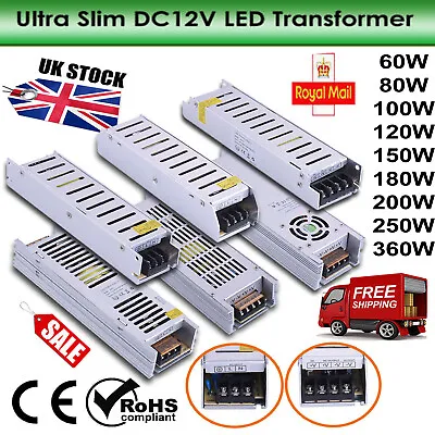 AC230V- DC12V Slim LED Driver Power Supply Transformer For LED Strip 60W-360W UK • £19.15