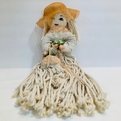 Mop Doll Cloth Face Hat Lace Collar Basket Of Light Pink Rosebud Flowers 21  • $13.45