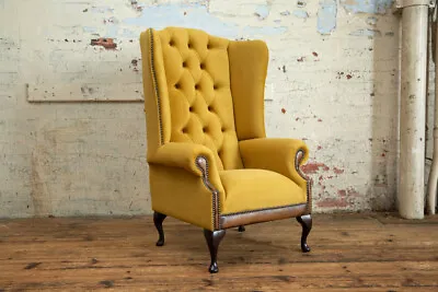Handmade Mustard Gold Velvet & Tan Leather High Chesterfield Wing Back Chair • £745