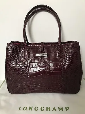 NWOT LONGCHAMP $530 Roseau Burgundy Croc Emb Leather Tote Shoulder Bag Receipt • $330