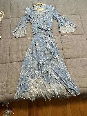 Melissa Odabash Wrap Dress Xs Cheryl Ruffle Printed Voile Maxi Blue • $60