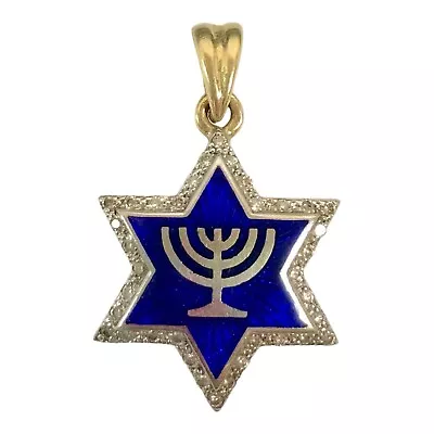 14K Gold Star Of David Pendant Blue Enamel Menorah Judaism 3.7 G Total Weight • $350