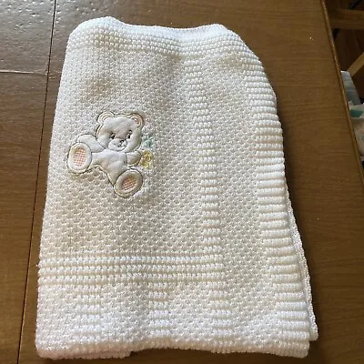 Vintage Waffle Knit Baby Blanket With Bear Embroidery Patch White 38x40 Inches • $20