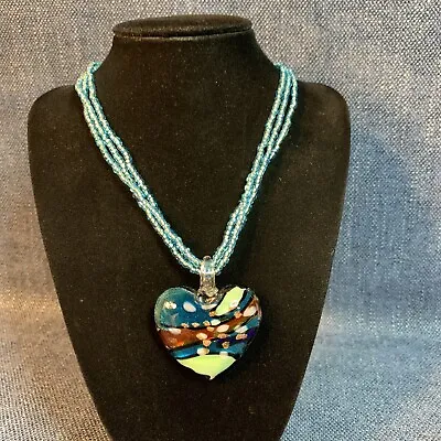 Dichroic Glass Necklace Hand Blown Heart Medallion On Beaded 22” Necklace Blues • $12.90