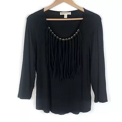 MICHAEL Michael Kors Black Fringe Detail Blouse Stretch Knit Size Large • $16.80