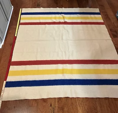 Vtg Wool Camp Blanket Cream 3 Stripe Red Yellow Blue 83”x71” No Label • $40