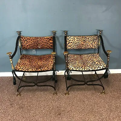 Pair Of Early 20th C. Wrought Iron & Brass Savonarola Chair In Hide Upholstery • $4500