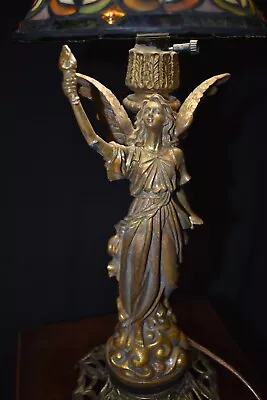 Vintage Victorian Brass & Leaded Stained Glass Angel Lamp • $145