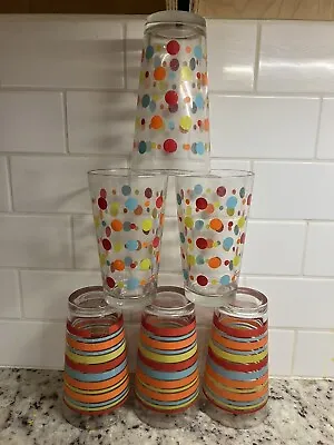 Vintage Set Of 6 Libbey Fiestaware Striped And Spotted  Glasses 16 Oz • $30