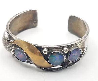 Vintage 900 Silver & Opal Cuff Bracelet W/Goldtone Accent • $26