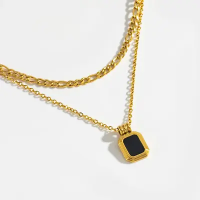 £5.99 • Buy Black Onyx Pendant Double Layer Chain Gold-Plated Fashion Necklace