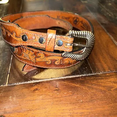 Vtg Larry Mahan  Tooled Brown Leather Belt USA  Sz 32 Preowned • $15