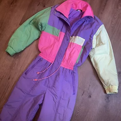 Vtg 80s 90s Ski Suit Womens 12 One Piece Snowsuit Snow Bib Apres Neon Colorblock • $159.99