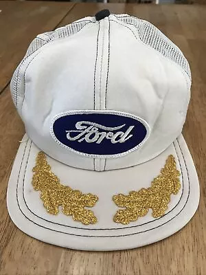 Vintage Ford Captains Hat W/ Gold Leaves White With Blue Ford Patch • $13