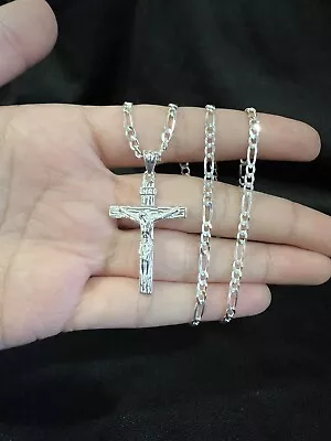 .925 Sterling Silver Men's Womens Cross Crucifix Pendant & Figaro Chain 26  • $59.99