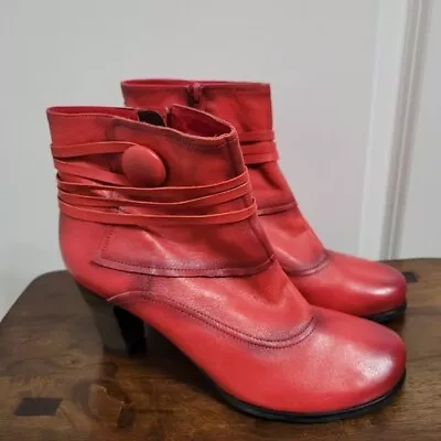 Miz Mooz Nikos Red Burnished Leather Button Side Zip Ankle Boots (MINT) 41/US 10 • $45