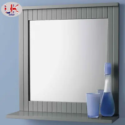 Bathroom Wall Mounted Mirror With Cosmetics Shelf Wood Frame Bathroom Grey • £17.98