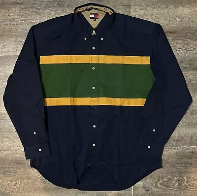 Vintage Tommy Hilfiger Shirt Mens Sz XL 90s Blue Green Yellow Stripes • $28