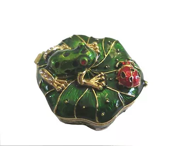 $17.50 • Buy Bejeweled Frog & Ladybug On Lotus Leaf Hinged Metal Enameled Crystal Trinket Box